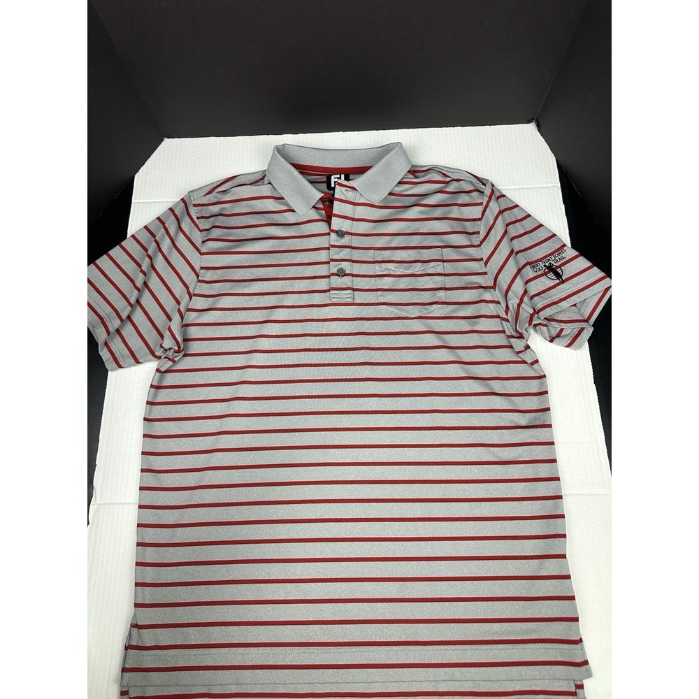 FootJoy Mens Polo Golf Shirt Red/Gray Striped Robert Trent Jones Logo Sz Medium
